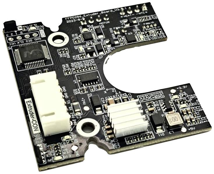 Printplaat van een 3D-printer extruderbesturing met microchip en verschillende elektronische componenten en aansluitingen.