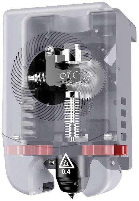 Transparante weergave van een 3D-printer-extruder met zichtbare tandwielen en een mondstuk dat gemarkeerd is met '0.4'.
