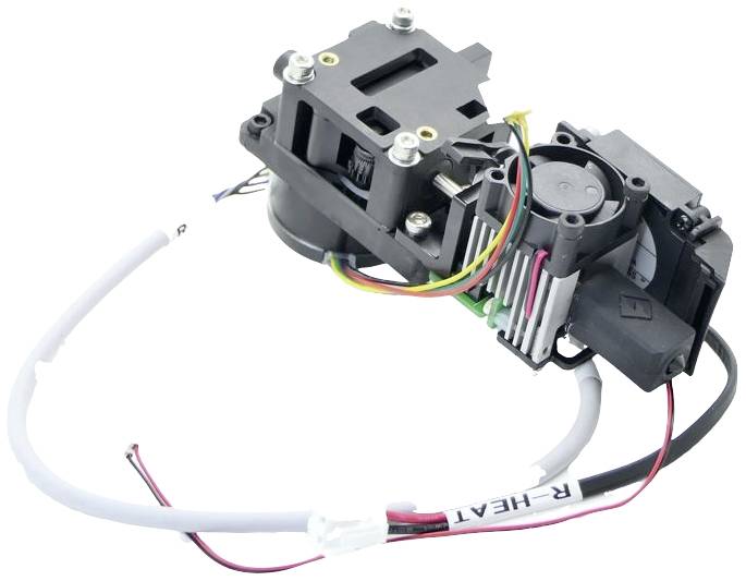 Een elektronicaonderdelenmodule met ventilator en gekleurde kabels, gebruikt in technische apparaten voor koeling en stroomvoorziening.