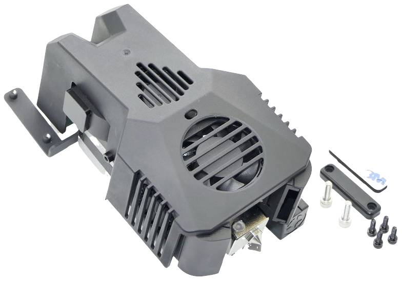 Een zwart-grijs behuizing met ventilatiesleuven, een ventilator en aparte schroeven, waarschijnlijk een set voor hardwarekoelcomponenten.
