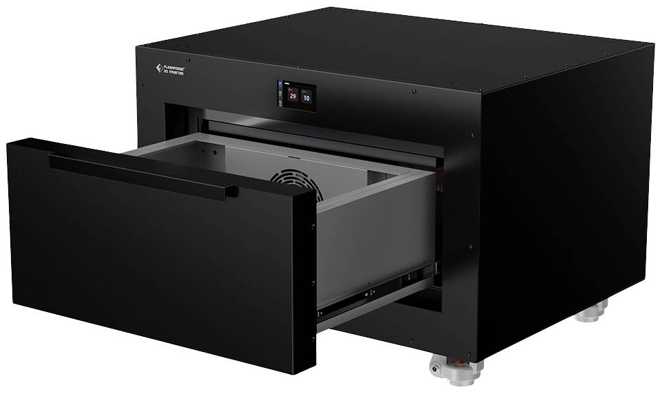 Zwart ladekastje met uitgetrokken lade, onthult binnenruimte met ventilator. Bovenaan een bedieningspaneel met display.