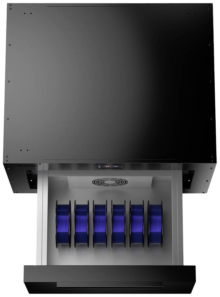 Metalen behuizing met uittrekbare lade, die meerdere rollen met blauw materiaal bevat. Bovenaan bevindt zich een ventilatieopening.