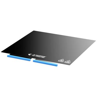 Een rechthoekig, zwart, flexibel drukbed voor een 3D-printer met blauwe handvatten, gemarkeerd met logo's en veiligheidsinstructies.