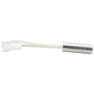 Zilveren, cilindrische elektrische component met twee witte kabels en een witte aansluiting.