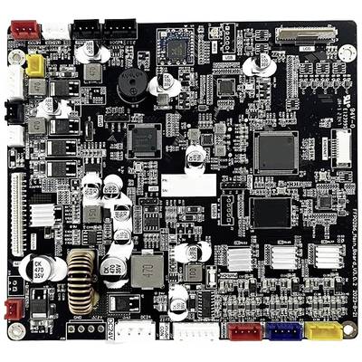 Moederbord van een elektronisch apparaat met geïntegreerde schakelingen, condensatoren en aansluitingen voor verschillende functies.