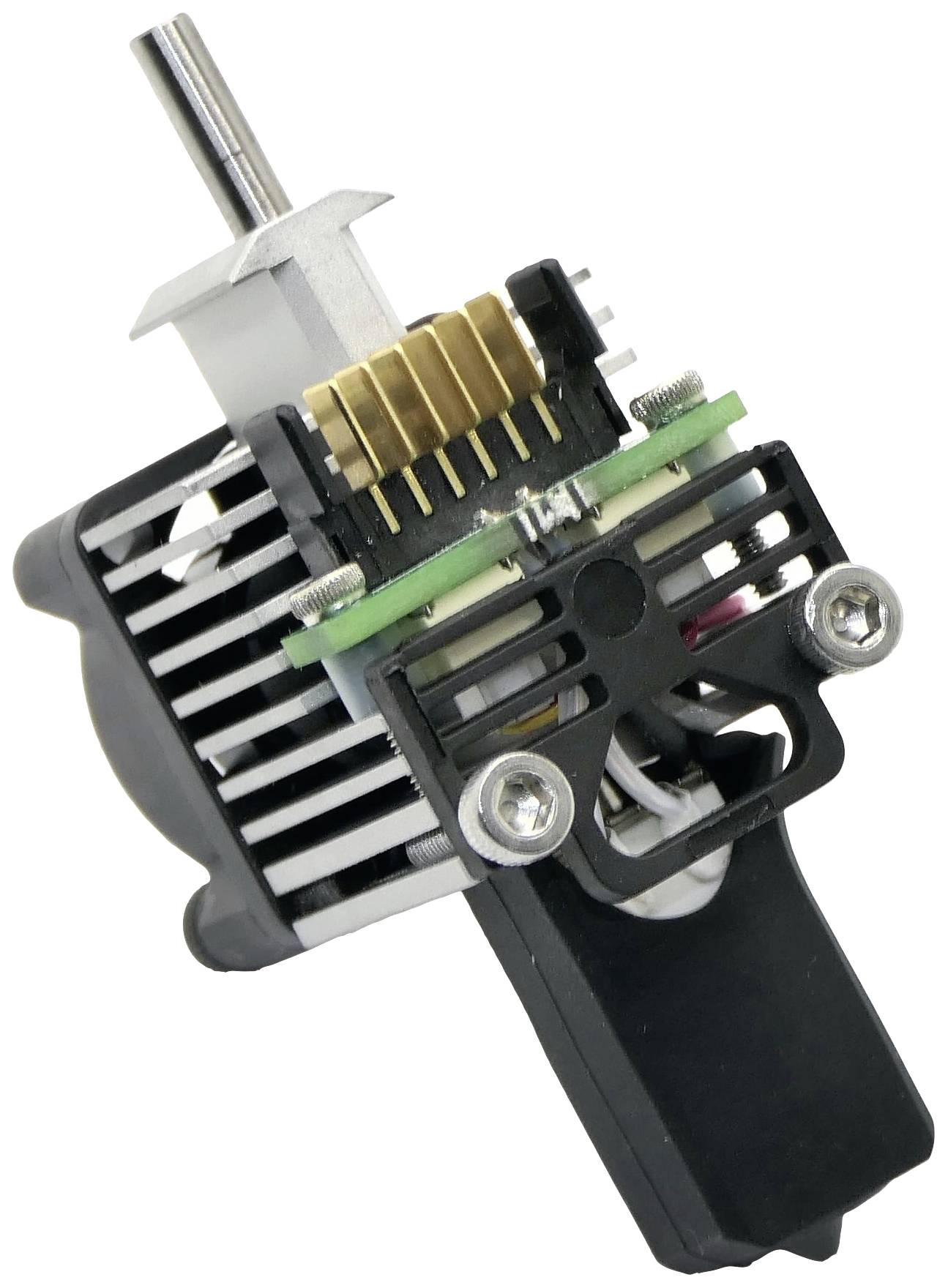 Een elektronisch onderdeel met koelribben en stekkerverbinding, vermoedelijk een sensor of regelaar, dat wordt gebruikt voor besturing in apparaten.