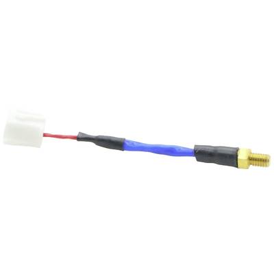 Een blauwe draad met een witte stekker aan het ene uiteinde en een goudkleurige metalen schroefdraad aan het andere uiteinde, omgeven door zwart beschermingsmateriaal.