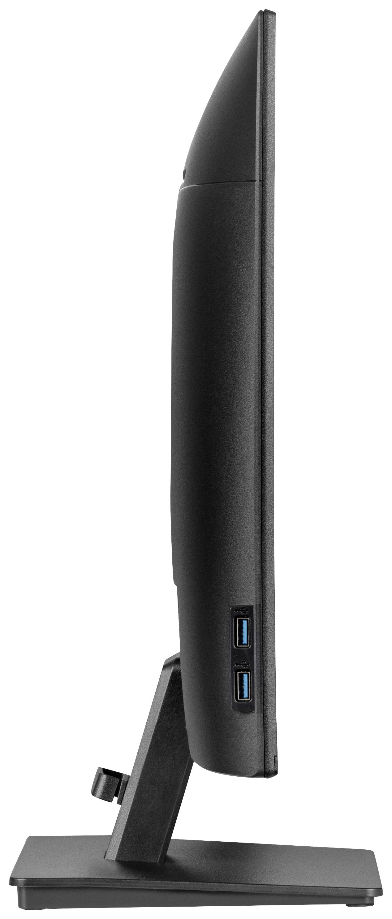 Een computermonitor in zijaanzicht toont een slank profiel met twee USB-poorten aan de zijkant van het frame.