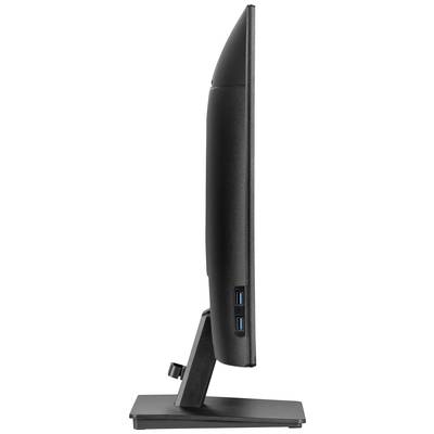 Een computermonitor in zijaanzicht toont een slank profiel met twee USB-poorten aan de zijkant van het frame.