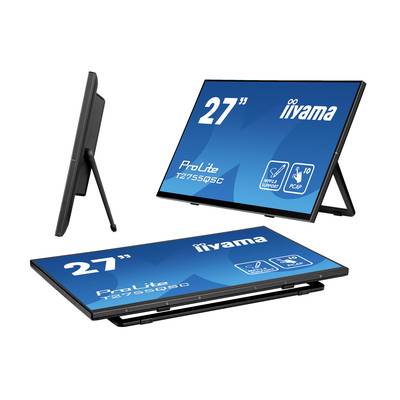 27-inch monitoren in verschillende posities. Ze tonen het merkenlogo 'iiyama' en bieden functies zoals capacitief touch.