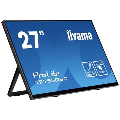 Een 27-inch-display van Iiyama, model ProLite T2755QSC, met MPPL- en 10-punts PCAP-touchondersteuning, staand op een standaard.