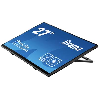 27 inch platte iiyama-monitor, model ProLite T2755MSC, met touchscreen-functie en standaard.