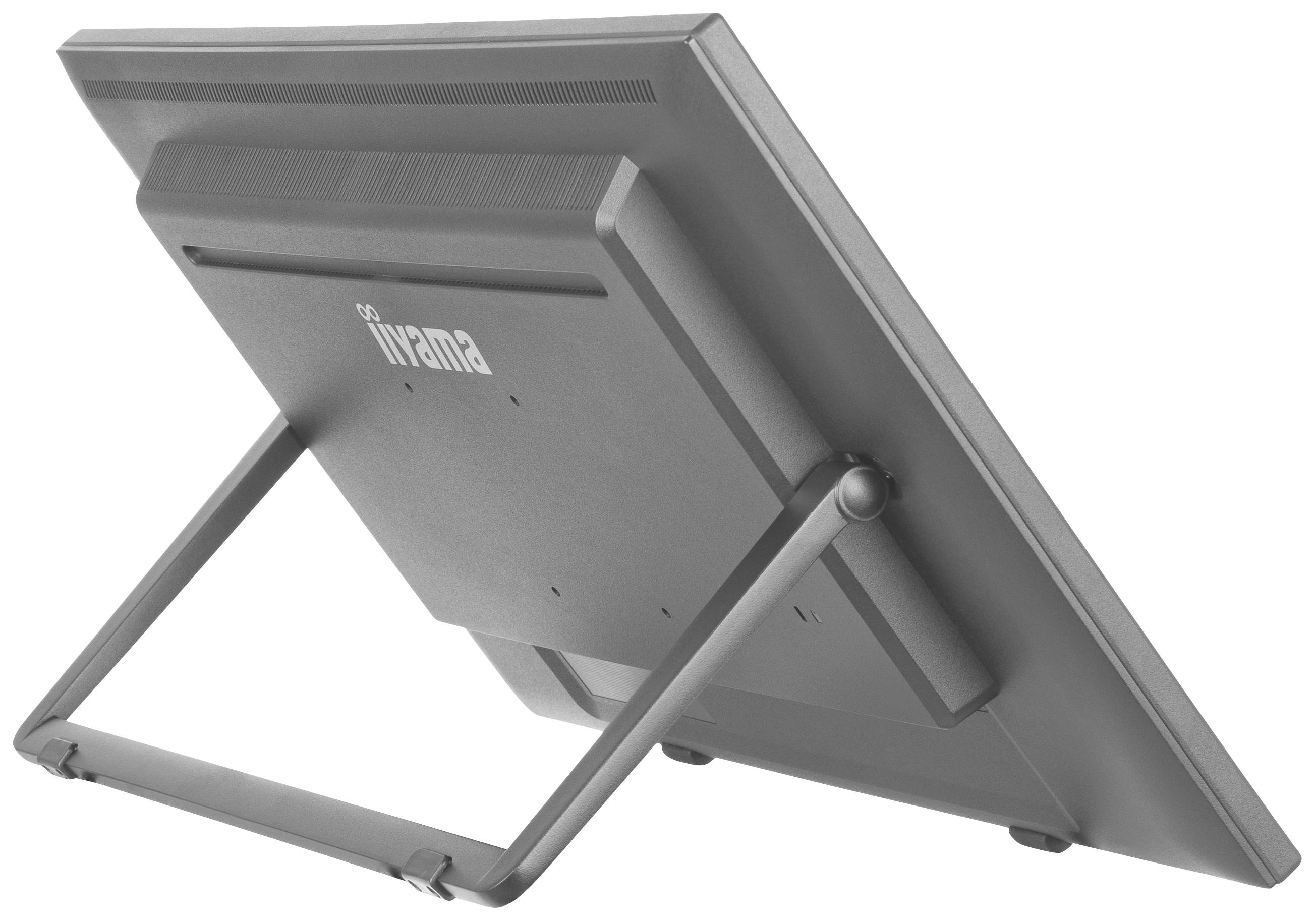 Een monitor van achteren met standaard, waarbij het scherm licht gekanteld is.