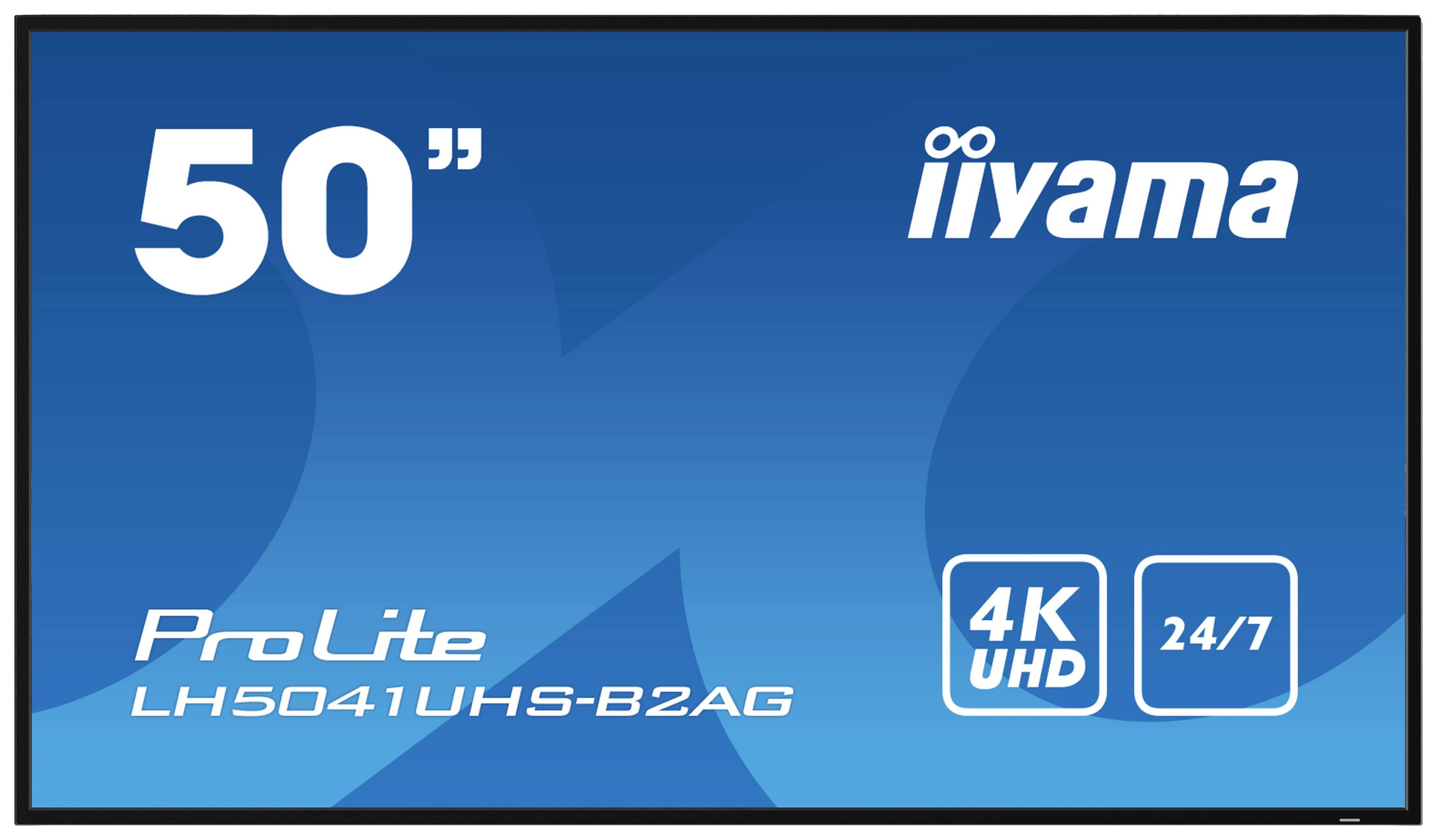 Blauwe scherm met de tekst '50"' en 'iiyama' rechtsboven. Onderaan 'ProLite LH5041UHS-B2AG', '4K UHD' en '24/7' op witte achtergrond.