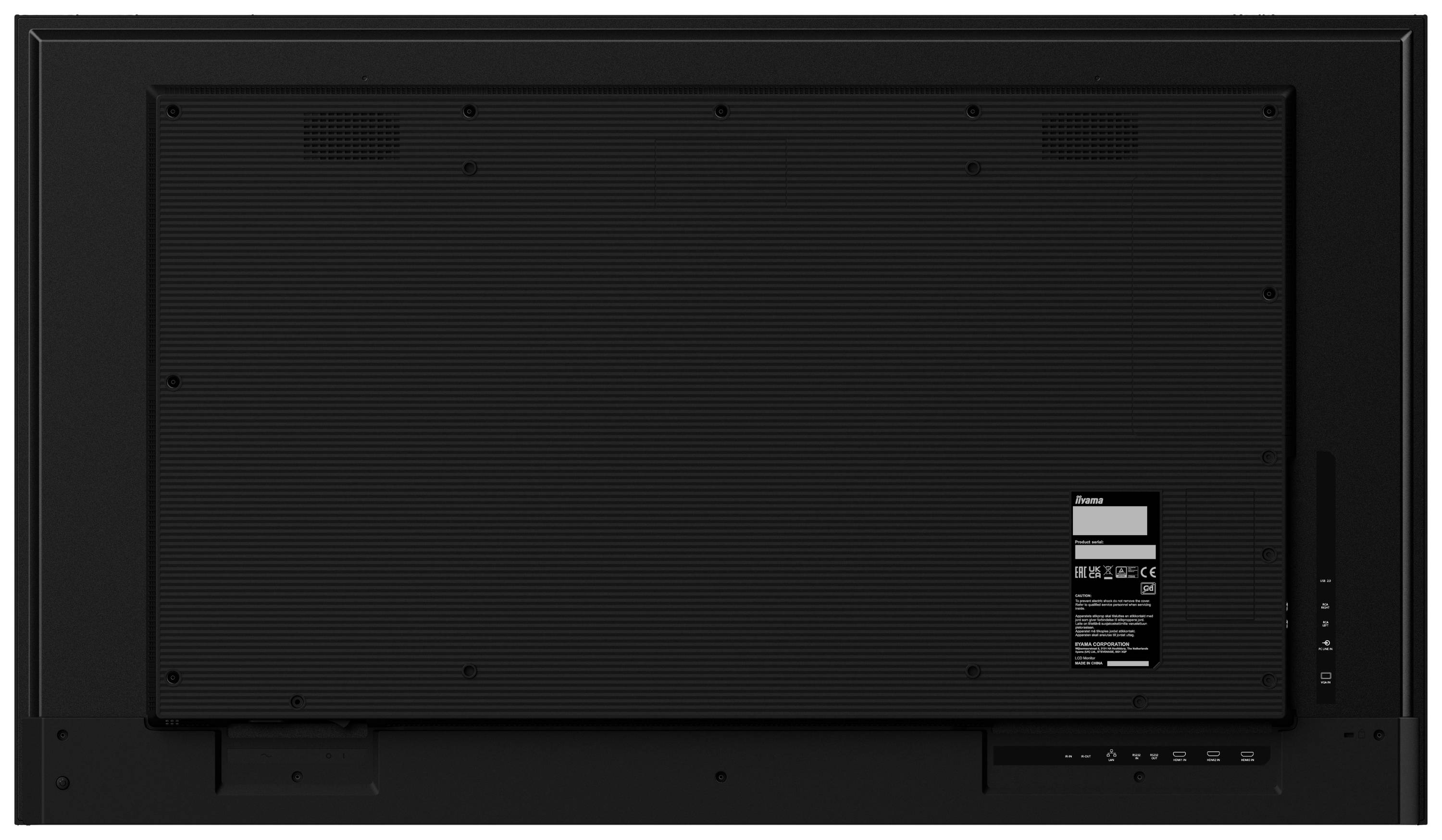 De achterkant van een flatscreen-tv met ventilatieopeningen en een etiket met technische informatie.