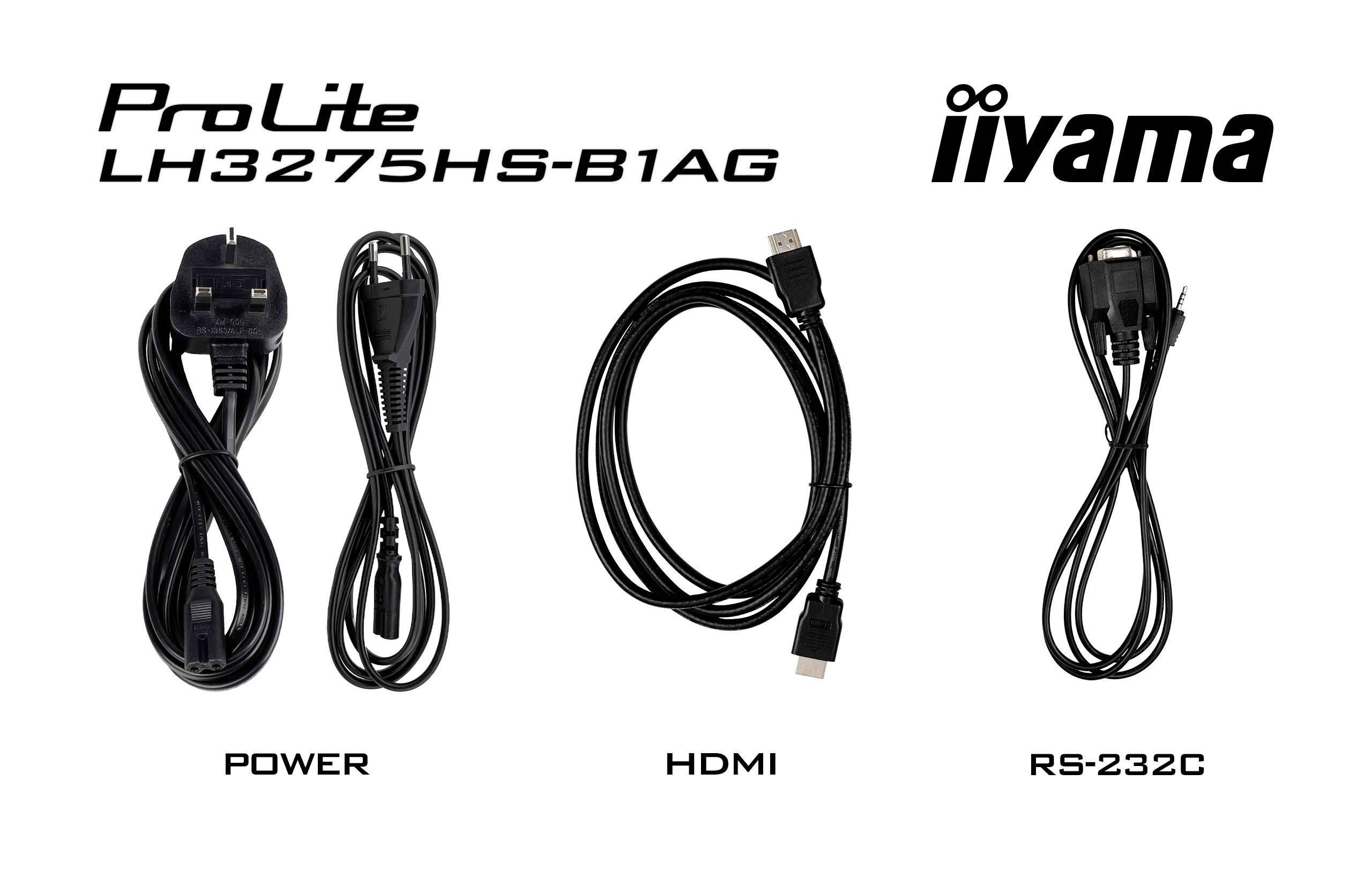 'Drie kabels voor de iiyama ProLite LH3275HS-B1AG: stroomkabel, HDMI-kabel en RS-232C-kabel.'