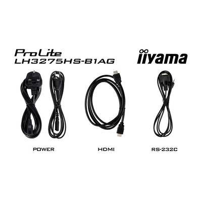 'Drie kabels voor de iiyama ProLite LH3275HS-B1AG: stroomkabel, HDMI-kabel en RS-232C-kabel.'