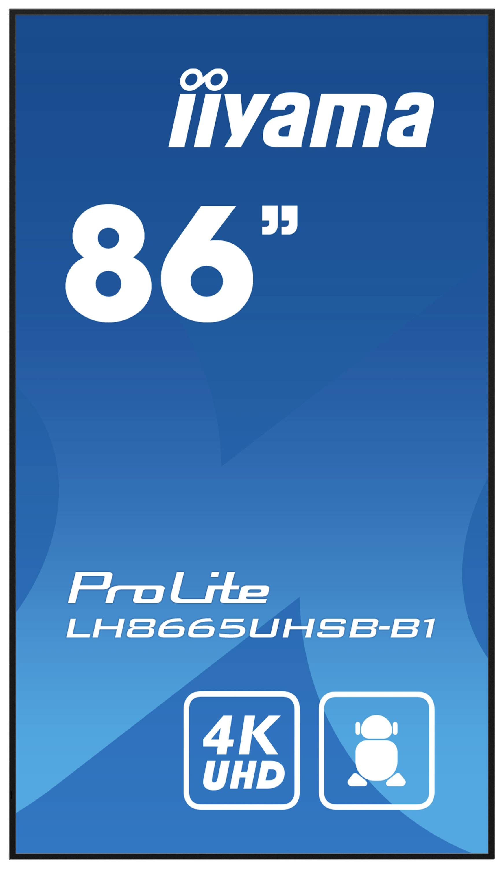 'Monitor iiyama ProLite LH8665UHSB-B1, 86 inch, 4K UHD, blauwe achtergrond met witte tekst.'