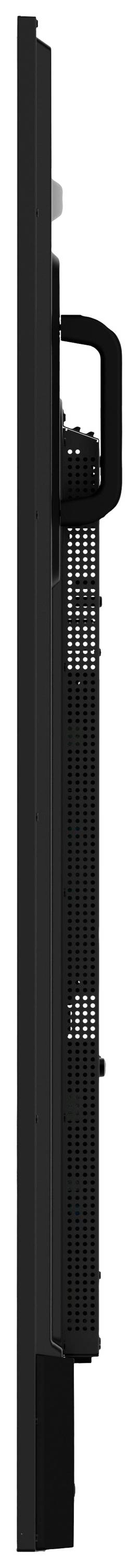 Zijaanzicht van een slanke, zwarte flatscreen-monitor, verticaal gepositioneerd, met een duidelijk zichtbare standaard aan de achterkant.