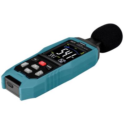 Een turquoise geluidsniveaumeter met een digitaal display toont de decibel-waarde. Het apparaat heeft meerdere toetsen en een microfoon.