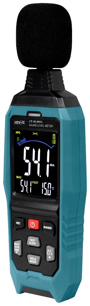 Geluidsniveaumeter met een zwart microfoon en een digitale display die '54,1' weergeeft. Het apparaat is blauw met zwarte en grijze toetsen.
