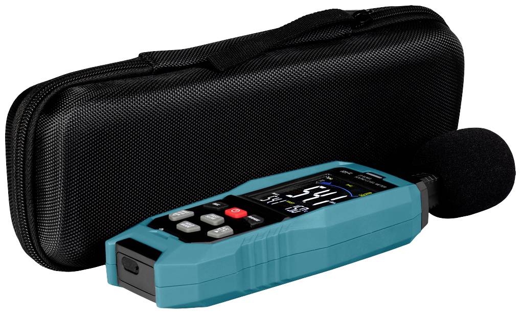 Blauwe geluidsniveaumeter met digitaal display en microfoon, geplaatst naast een zwart etui.