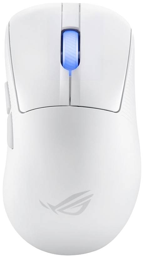 Witte computermuis met een lichtblauw oplichtend scrollwiel en een gestileerd grijs logo aan de voorkant.