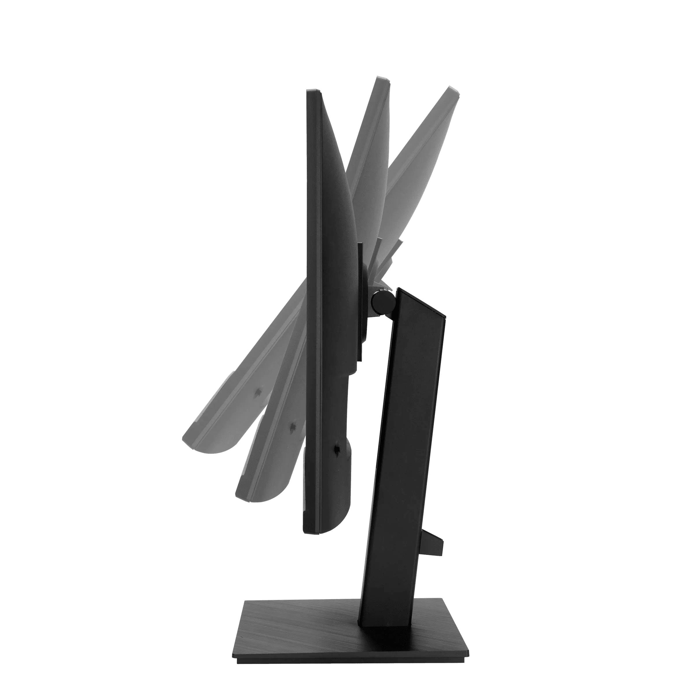 Een computermonitor, van opzij getoond, met meerdere kantelvarianten, die flexibiliteit en aanpasbaarheid illustreren.