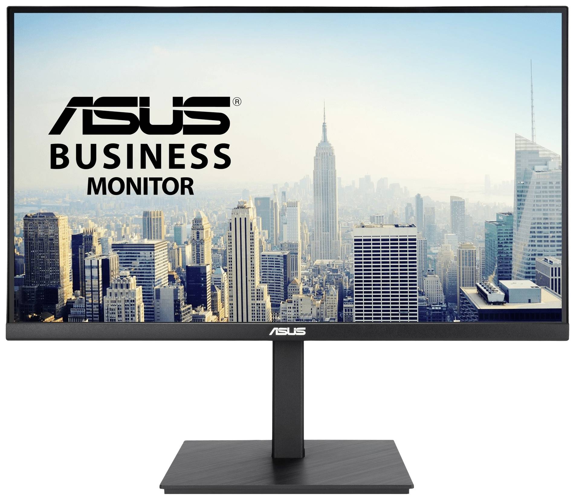 Monitor met een stadsaanzicht van New York op het scherm en het 'ASUS Business Monitor' opschrift.