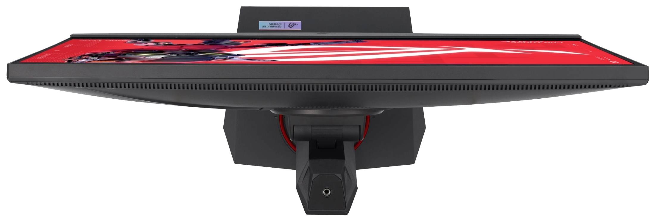 Een monitor van bovenaf bekeken toont een rood beeld met witte strepen.