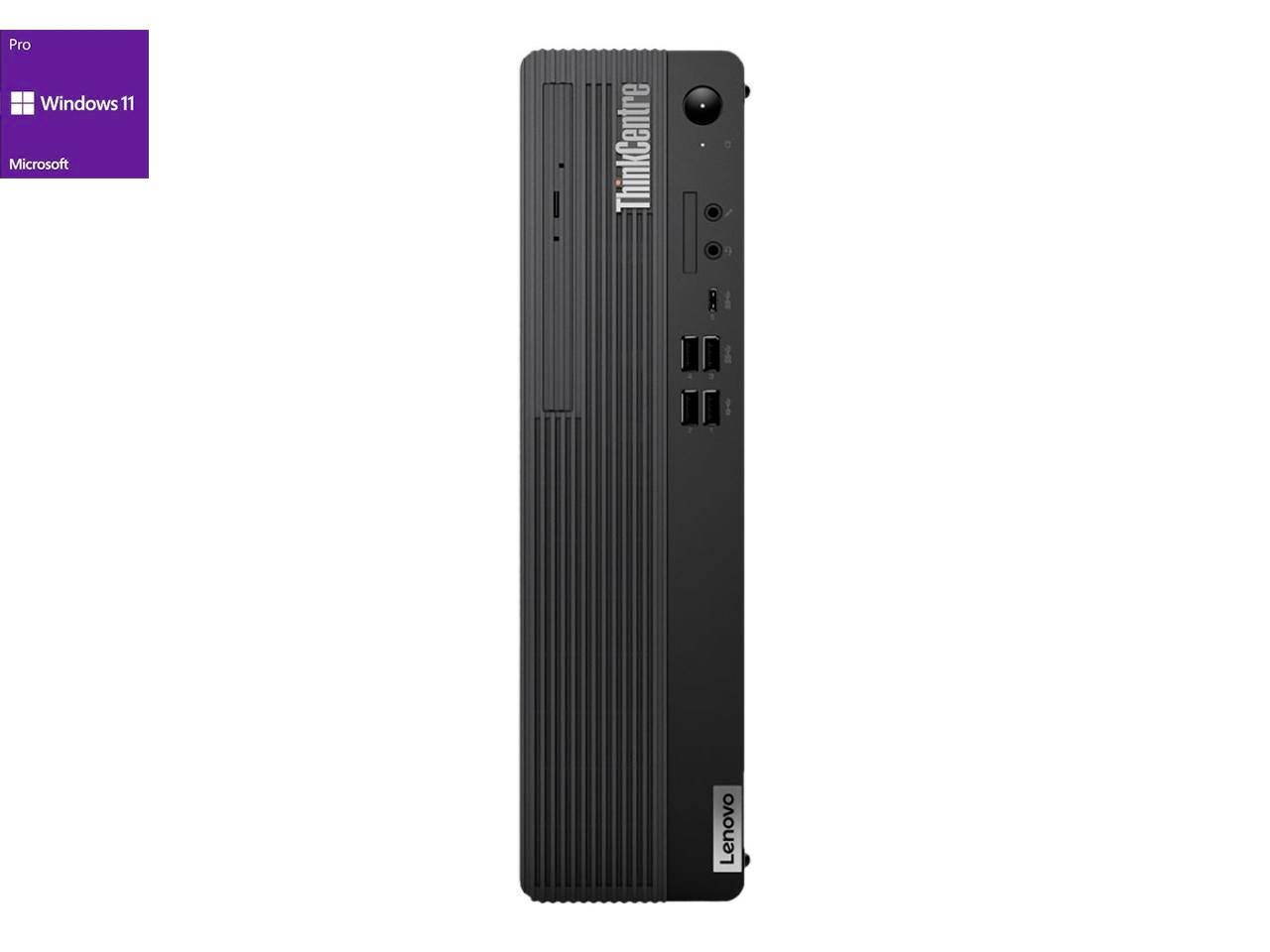 Een zwarte Lenovo ThinkCentre desktop-pc met verticale groeven, meerdere USB-poorten en een aan/uit-knop aan de voorkant. Linksboven het Windows 11 Pro logo.