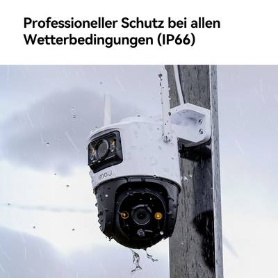 Een bewakingscamera in de regen, geïnstalleerd op een mast. Opschrift bovenaan: 'Professionele bescherming onder alle weersomstandigheden (IP66)'.