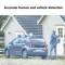 Een auto parkeert voor een huis. Een persoon staat ernaast. De tekst bovenaan luidt: 'Accurate human and vehicle detection'.