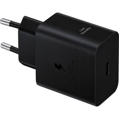 Zwart oplader met Europese stekker, gemarkeerd met 'Super Snel Opladen'.