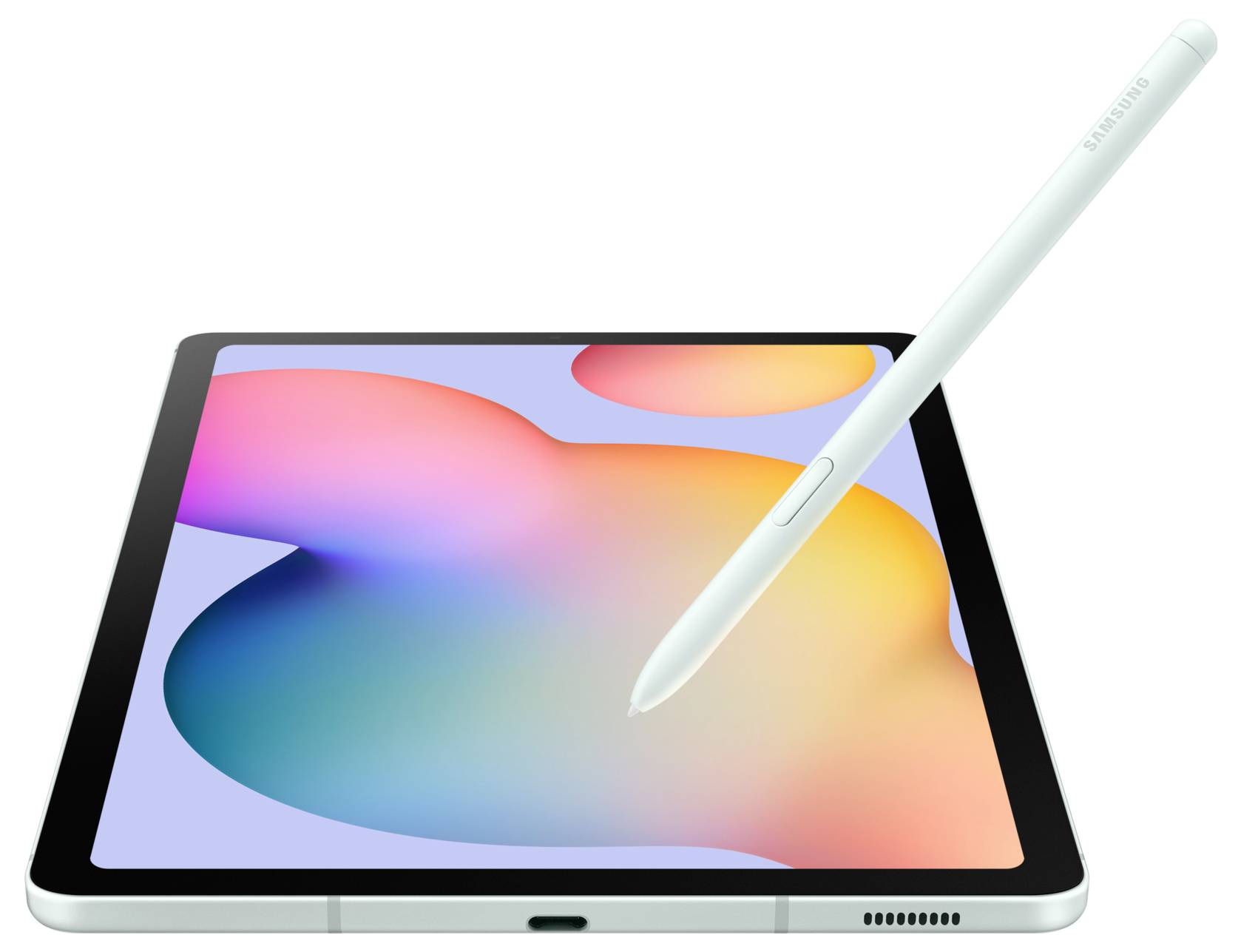 Een tablet met een digitale pen ligt op een oppervlak. Het scherm toont kleurrijke, abstracte vormen.