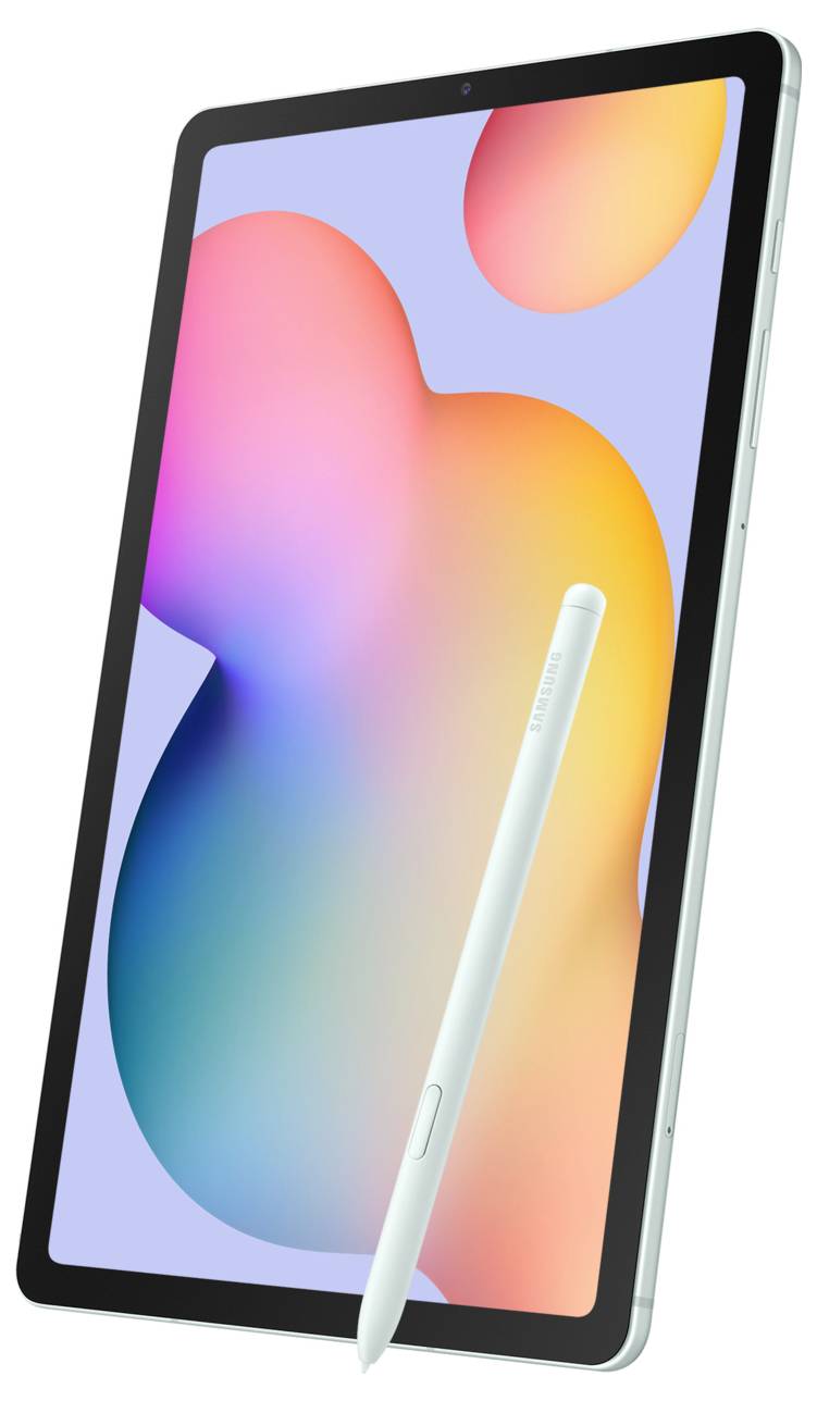 Een tablet met een digitale pen ligt schuin. Het scherm toont een kleurrijk, abstract patroon met zachte kleurovergangen.