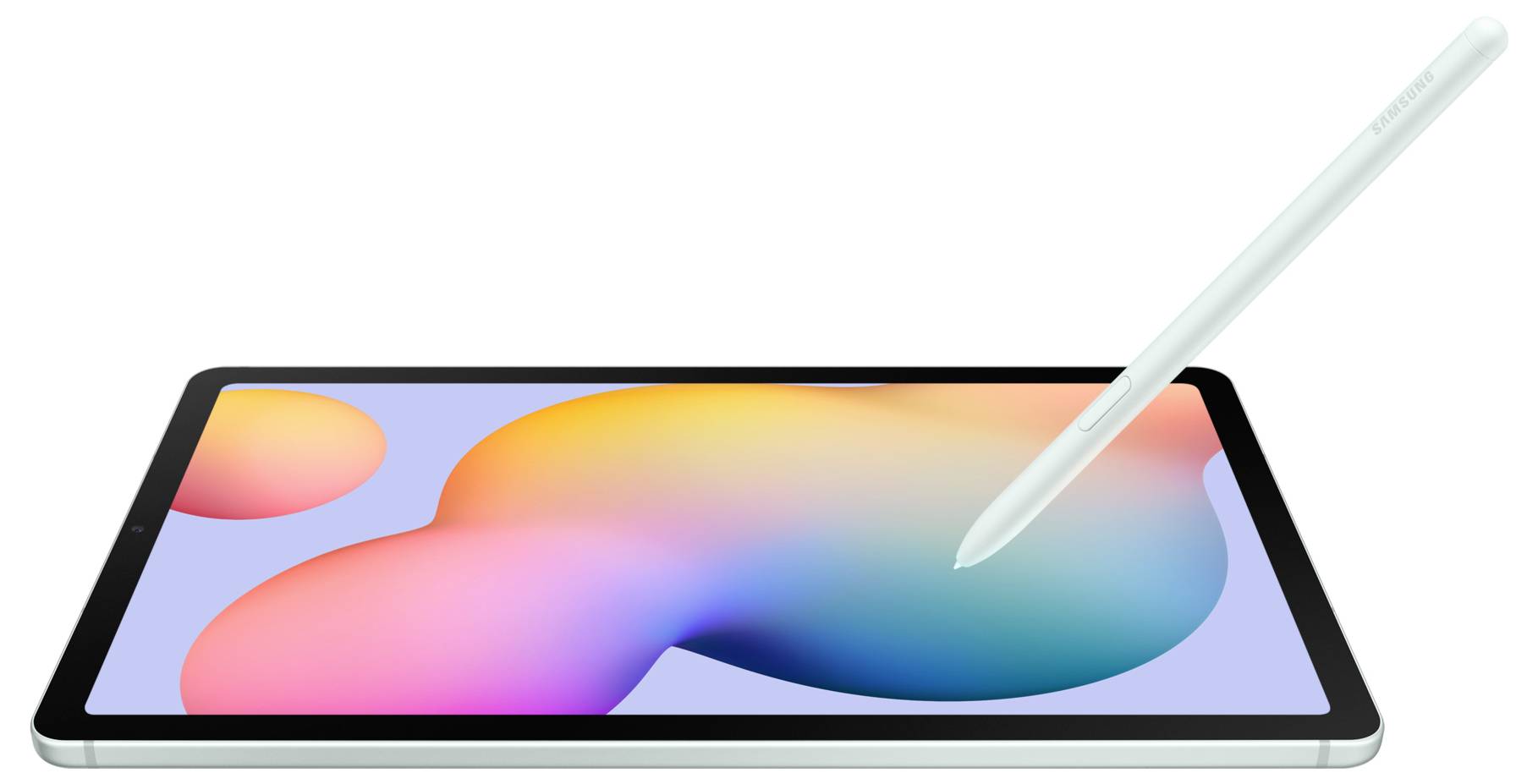 Een tablet met een kleurrijk scherm ligt op een oppervlak. Een digitale pen zweeft erbovenuit, klaar om te tekenen.