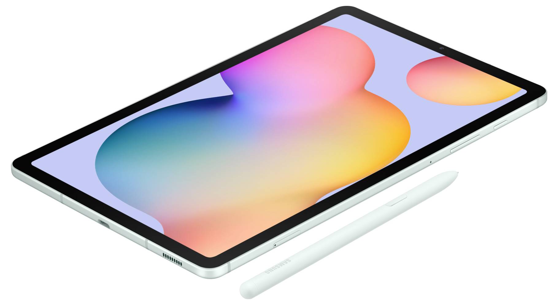 Tablet met stylus op witte achtergrond, toont gekleurde abstracte vormen op het scherm.