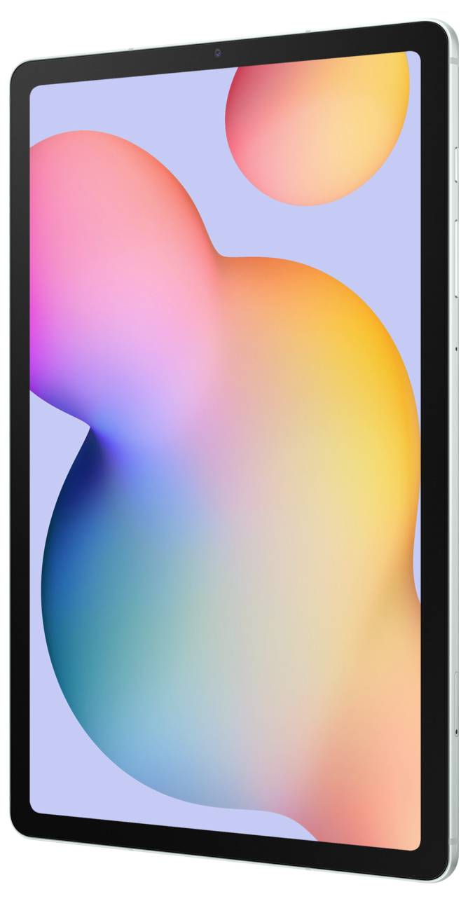 Een tablet met een kleurrijke, abstracte achtergrond op het scherm, dat licht schuin van opzij wordt weergegeven.