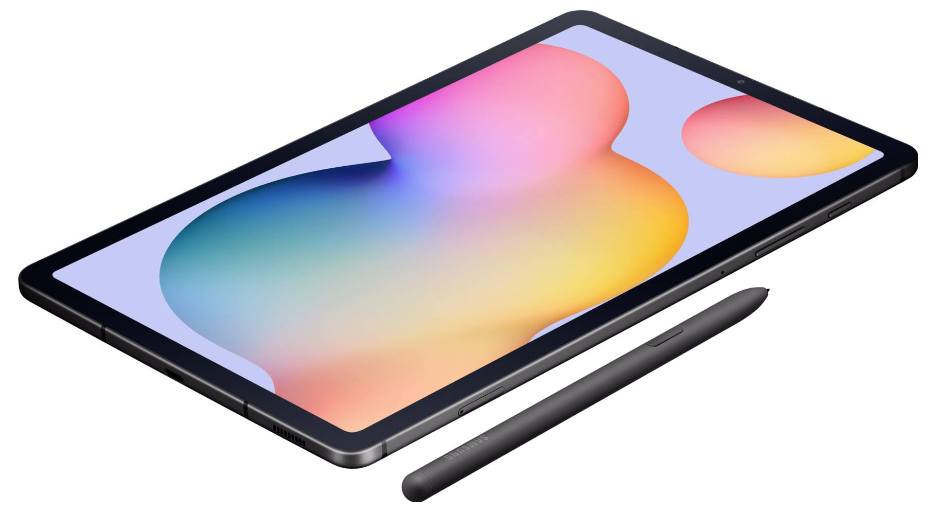 Een tablet met een kleurrijk display en een zwarte pen ernaast. Het display toont geabstraheerde, gekleurde vormen op een lichtblauwe achtergrond.