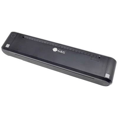 Een draagbare documentscanner in zwarte kleur met het 'G&G' logo op de bovenkant. Ideaal voor mobiel scannen van documenten.