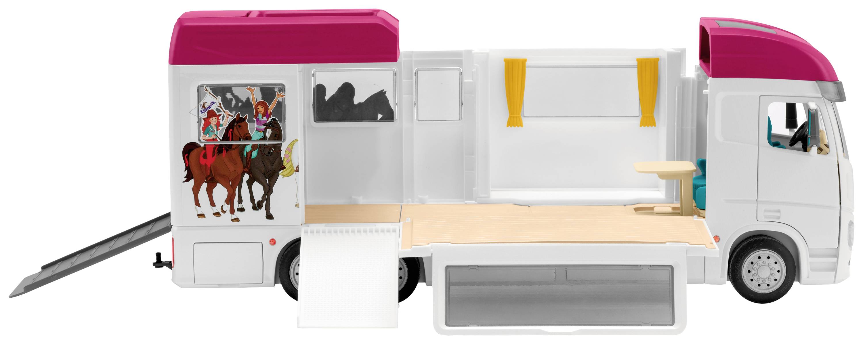 Speelgoed-vrachtwagen-aanhanger, geopend, toont paardenboxen aan de binnenkant en decoratie met paardenmotieven aan de buitenkant.