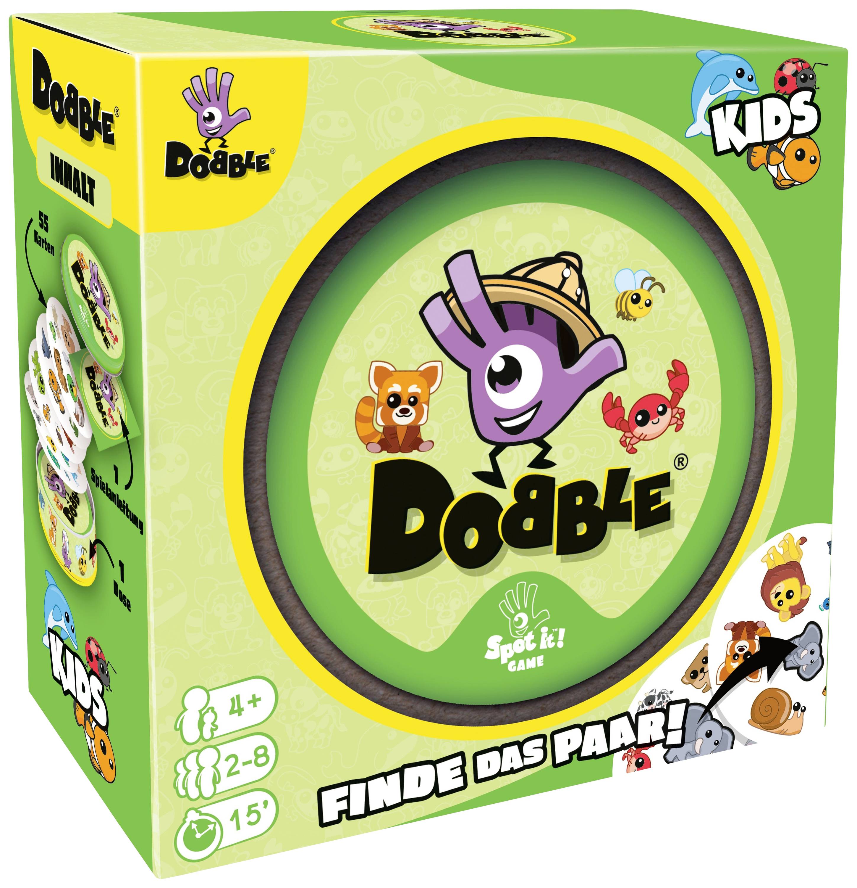 Kleurrijke speeldoos van 'Dobble Kids', een observatie- en reactiespel voor 2-8 spelers vanaf 4 jaar, met diermotieven.