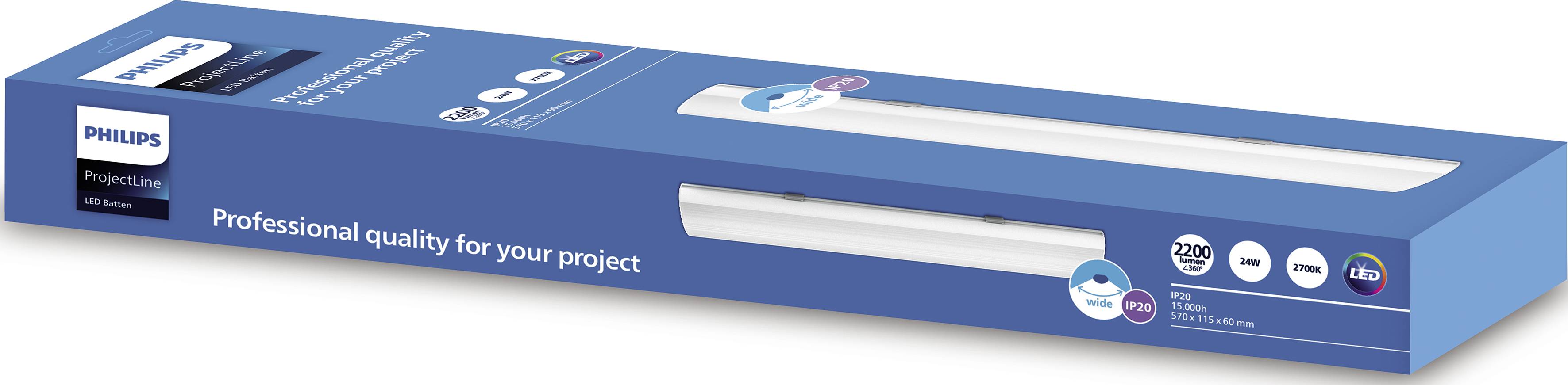 Een blauwe Philips-gloeilampenverpakking met de tekst 'Professionele kwaliteit voor uw project' en productlogo's.