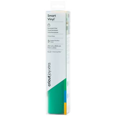 Verpakking van 'Cricut Smart Vinyl' voor de Cricut Joy Xtra. Bevat 3 vellen permanent vinyl. Afmetingen: 24,1 cm x 30,5 cm.