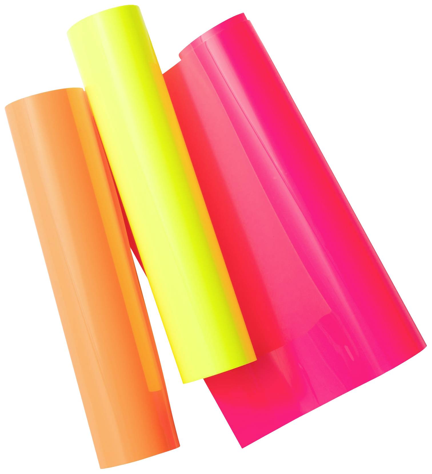 Drie rollen gekleurde folie in oranje, geel en roze naast elkaar liggend op een witte achtergrond.
