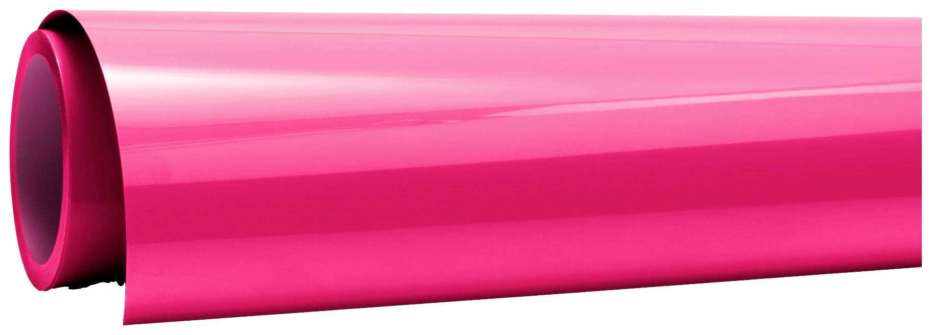 Een glanzend roze rol van kunststof, die licht diagonaal ligt. Hij steekt duidelijk af tegen een witte achtergrond.