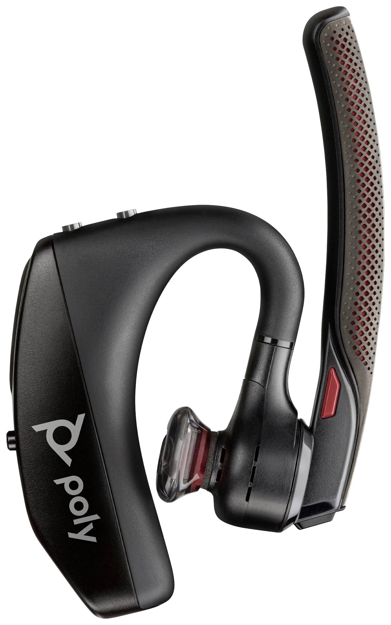 Een zwarte Bluetooth-headset met rode accenten, merkenlogo aan de zijkant. Compact en ergonomisch, geschikt voor telefoongesprekken.