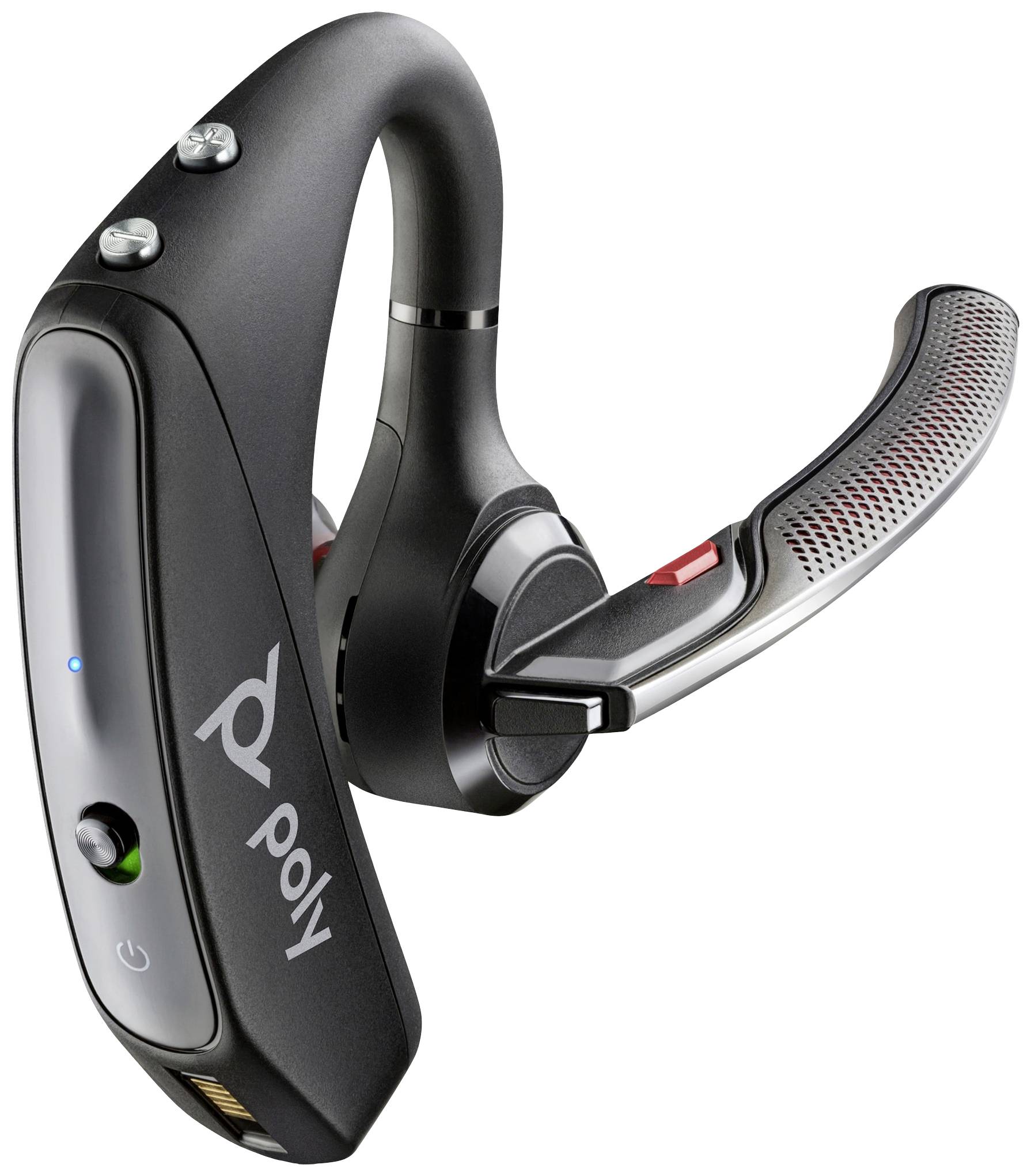 Draadloze zwarte headset met oorhaak van Poly, toont microfoonarm en bedieningselementen.