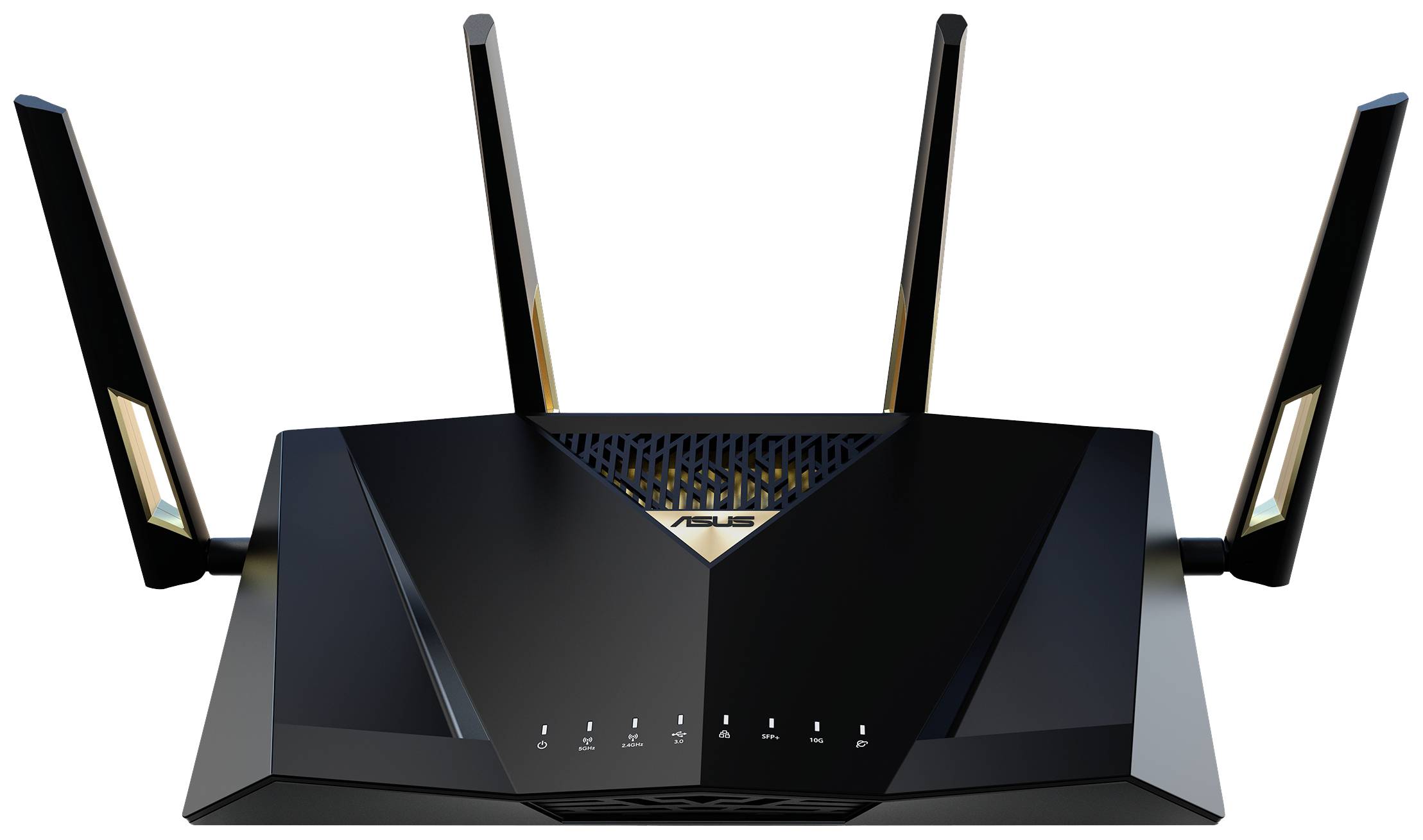 Zwarte router met vier antennes, verbonden met een netwerkkabel, toont LED-indicatoren voor internetverbinding en netwerkactiviteit.